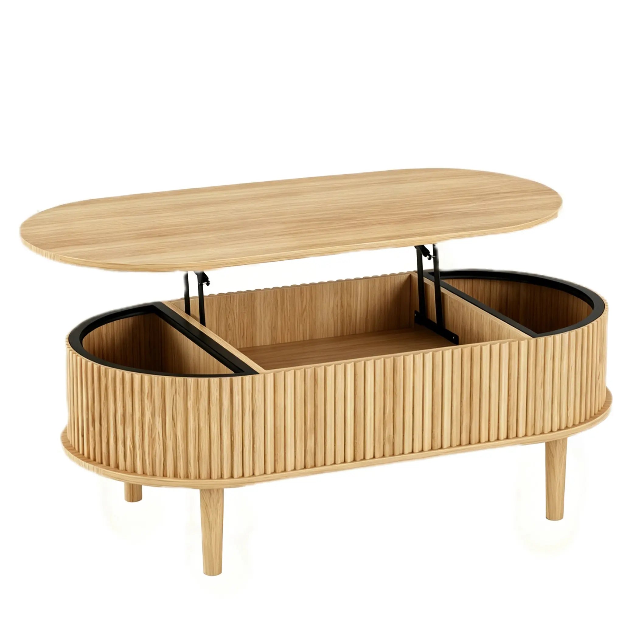 39" Natural Wood Oval Lift Top Solid Drum Coffee Table With Three Shelves Homeroots Living Room