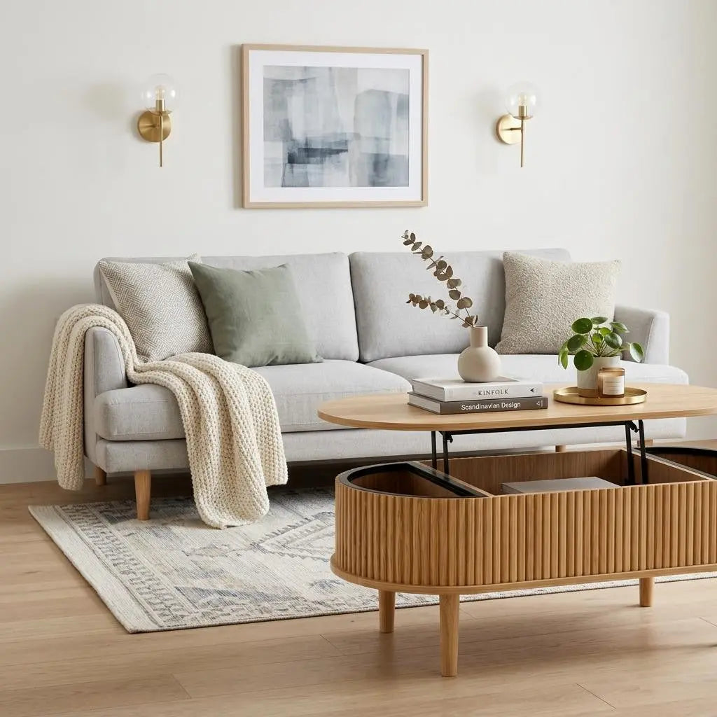 39" Natural Wood Oval Lift Top Solid Drum Coffee Table With Three Shelves Homeroots Living Room