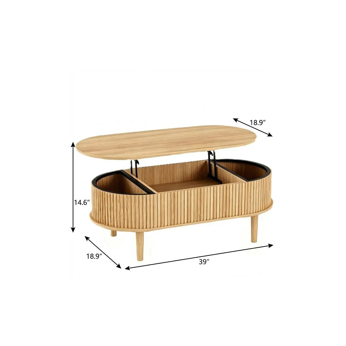 39" Natural Wood Oval Lift Top Solid Drum Coffee Table With Three Shelves Homeroots Living Room