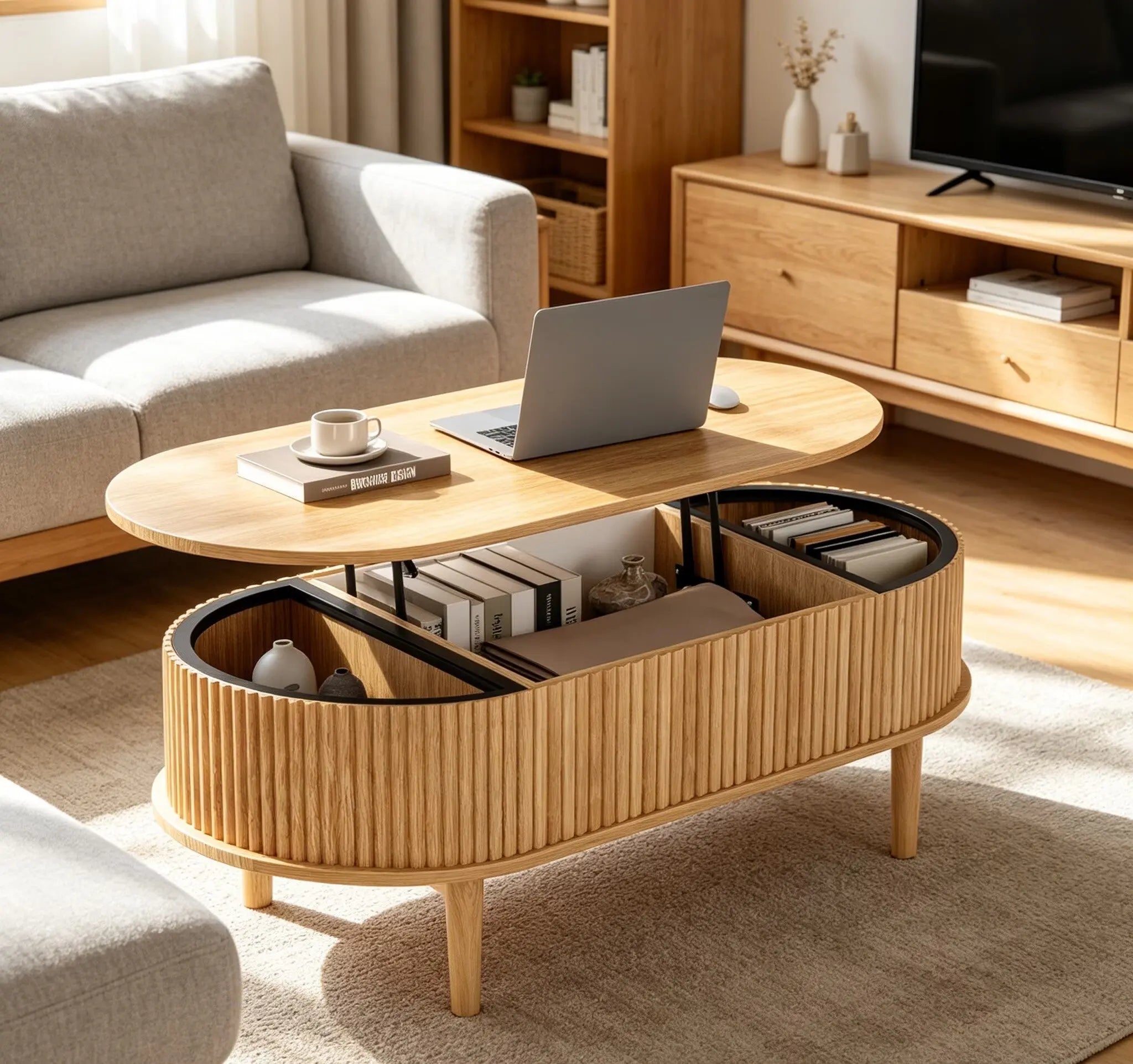 39" Natural Wood Oval Lift Top Solid Drum Coffee Table With Three Shelves Homeroots Living Room