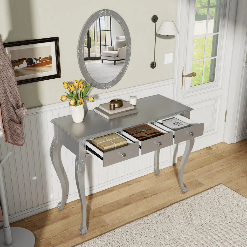 39" Silver Wood Mirrored Three Drawer Vanity Table Homeroots Living Room