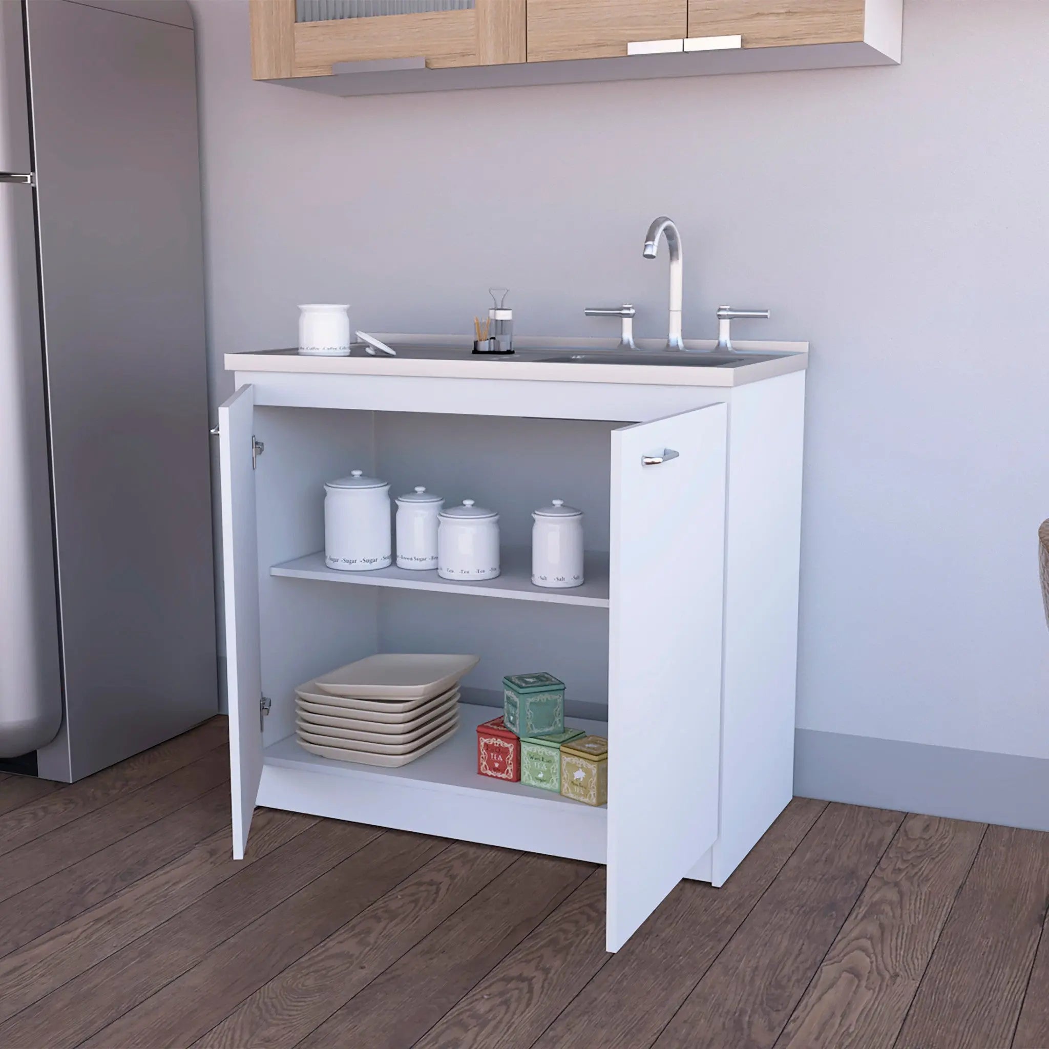 39" White Stainless Steel Accent Cabinet With Two Shelves Homeroots Kitchen & Dining