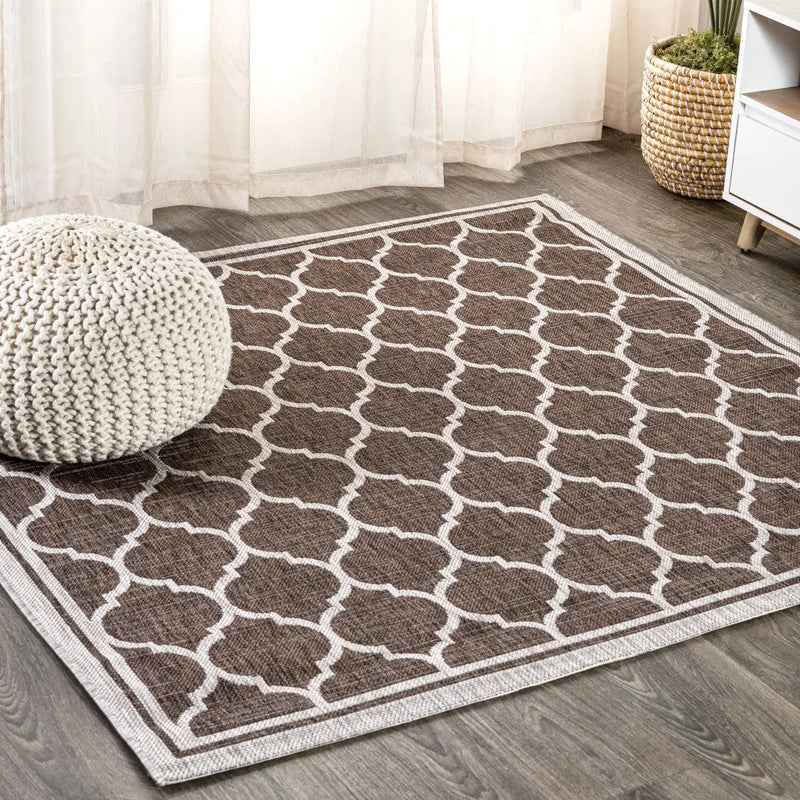 3' Espresso And Taupe Square Geometric Indoor Outdoor Area Rug - GreatEagleInc