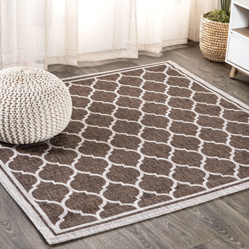 3' Espresso And Taupe Square Geometric Indoor Outdoor Area Rug - GreatEagleInc