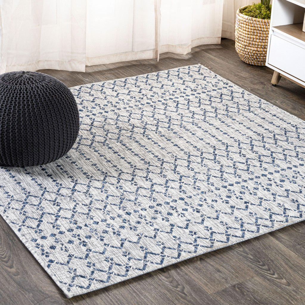 3' Light Gray And Navy Blue Square Trellis Indoor Outdoor Area Rug - GreatEagleInc