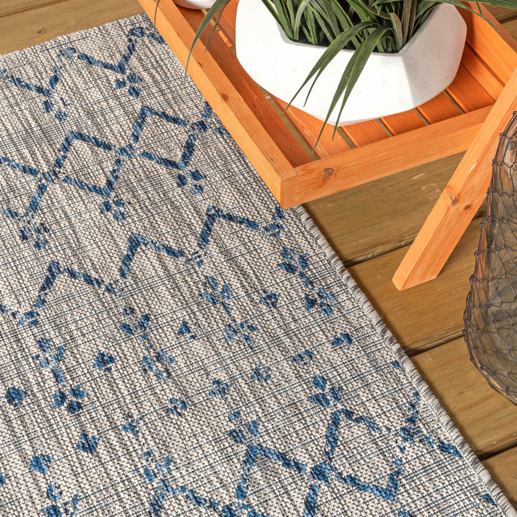3' Light Gray And Navy Blue Square Trellis Indoor Outdoor Area Rug - GreatEagleInc