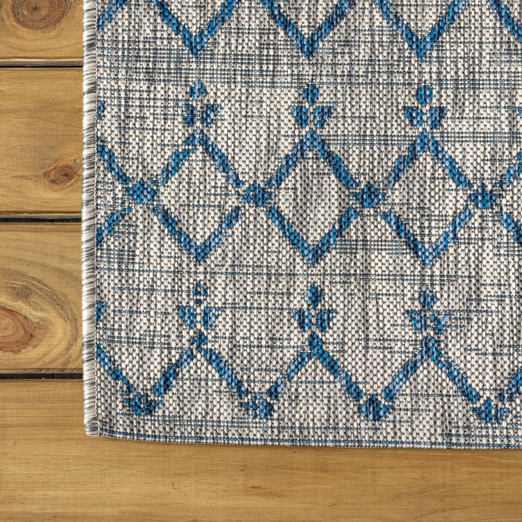 3' Light Gray And Navy Blue Square Trellis Indoor Outdoor Area Rug - GreatEagleInc