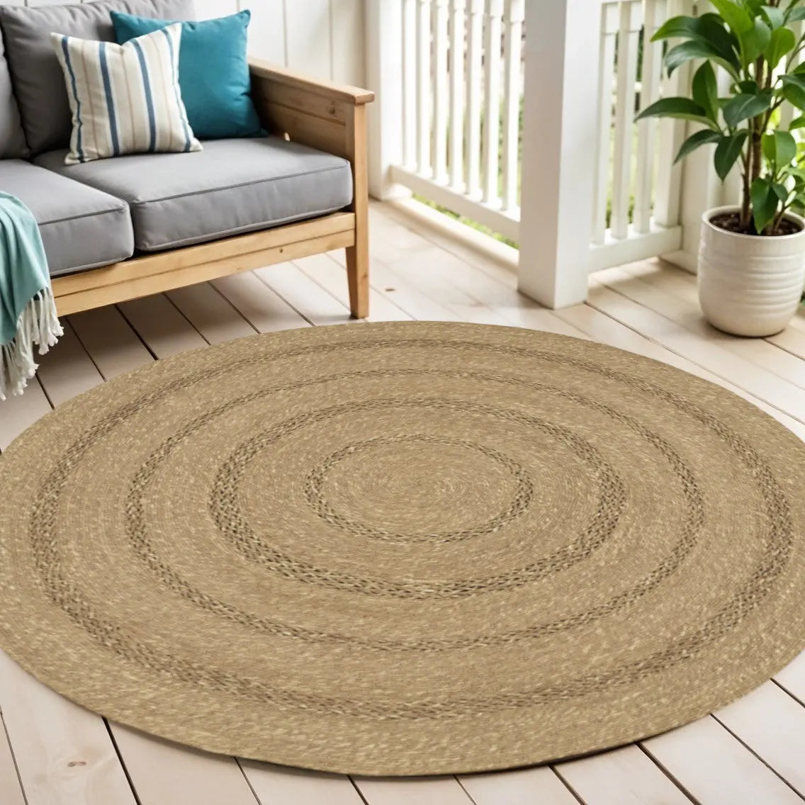 3' Natural And Brown Round Handmade Indoor Outdoor Area Rug Homeroots Outdoor