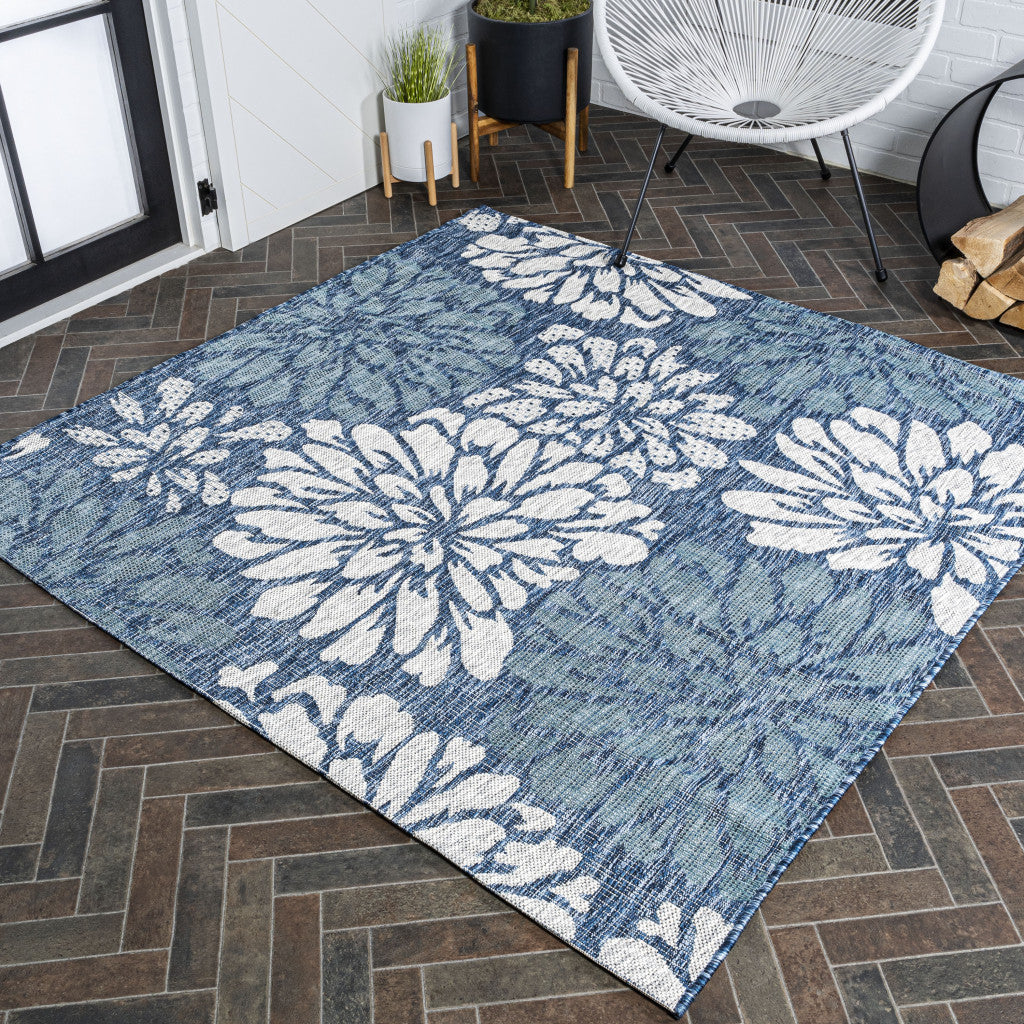 3' Navy Blue And Aqua Square Floral Indoor Outdoor Area Rug - GreatEagleInc