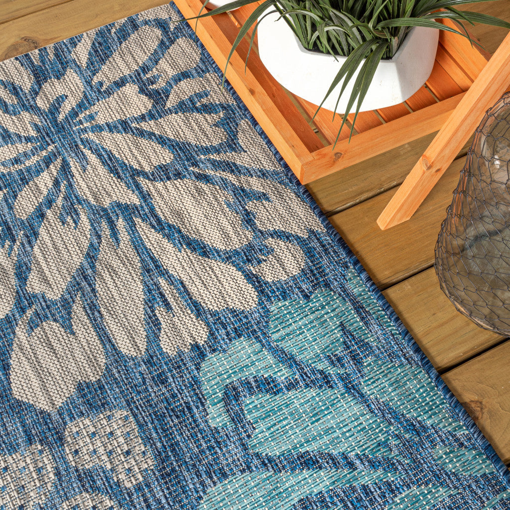3' Navy Blue And Aqua Square Floral Indoor Outdoor Area Rug - GreatEagleInc
