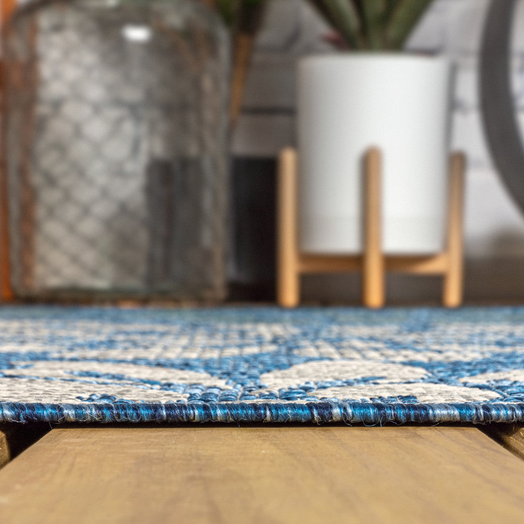3' Navy Blue And Aqua Square Floral Indoor Outdoor Area Rug - GreatEagleInc