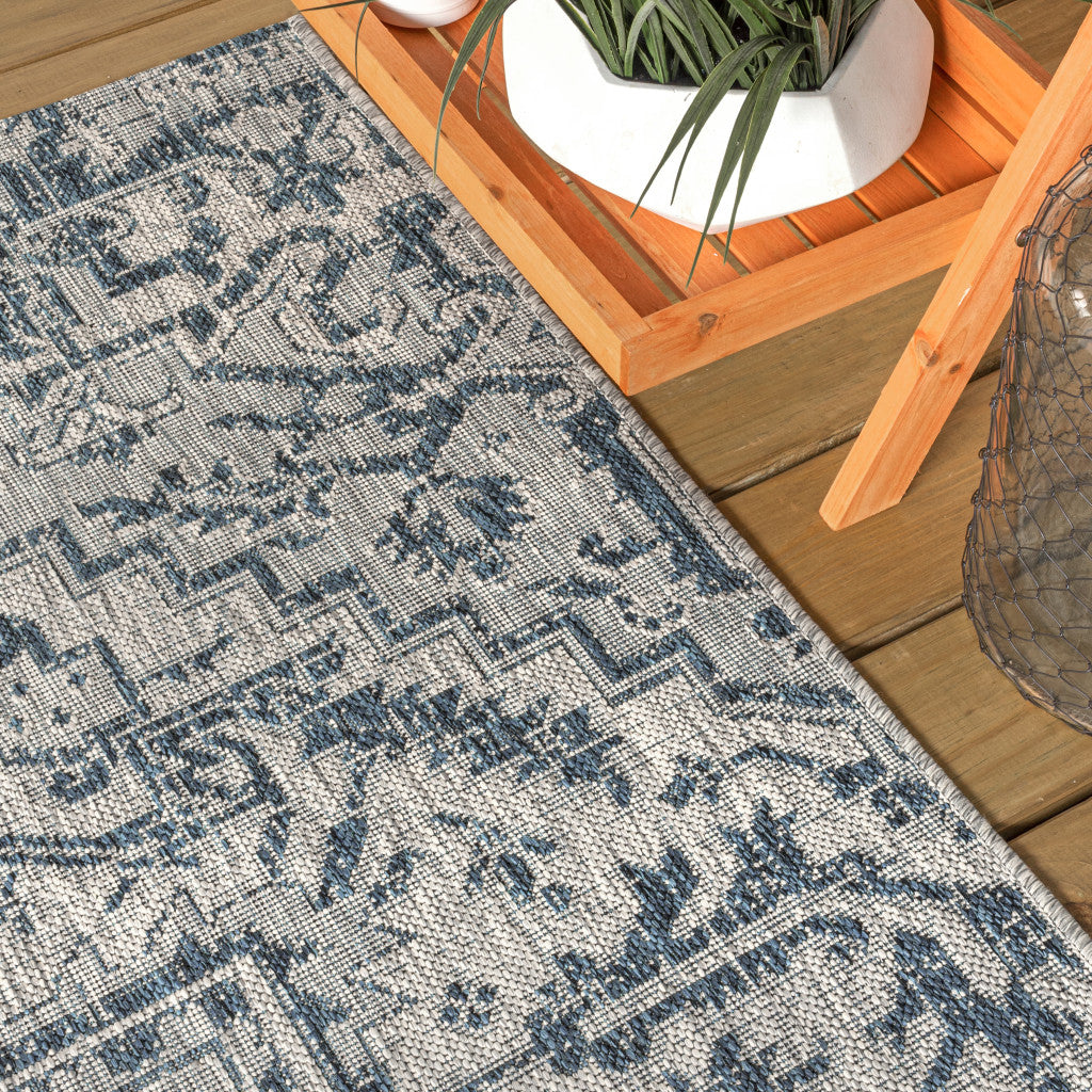 3' Navy Blue And Gray Square Medallion Indoor Outdoor Area Rug - GreatEagleInc