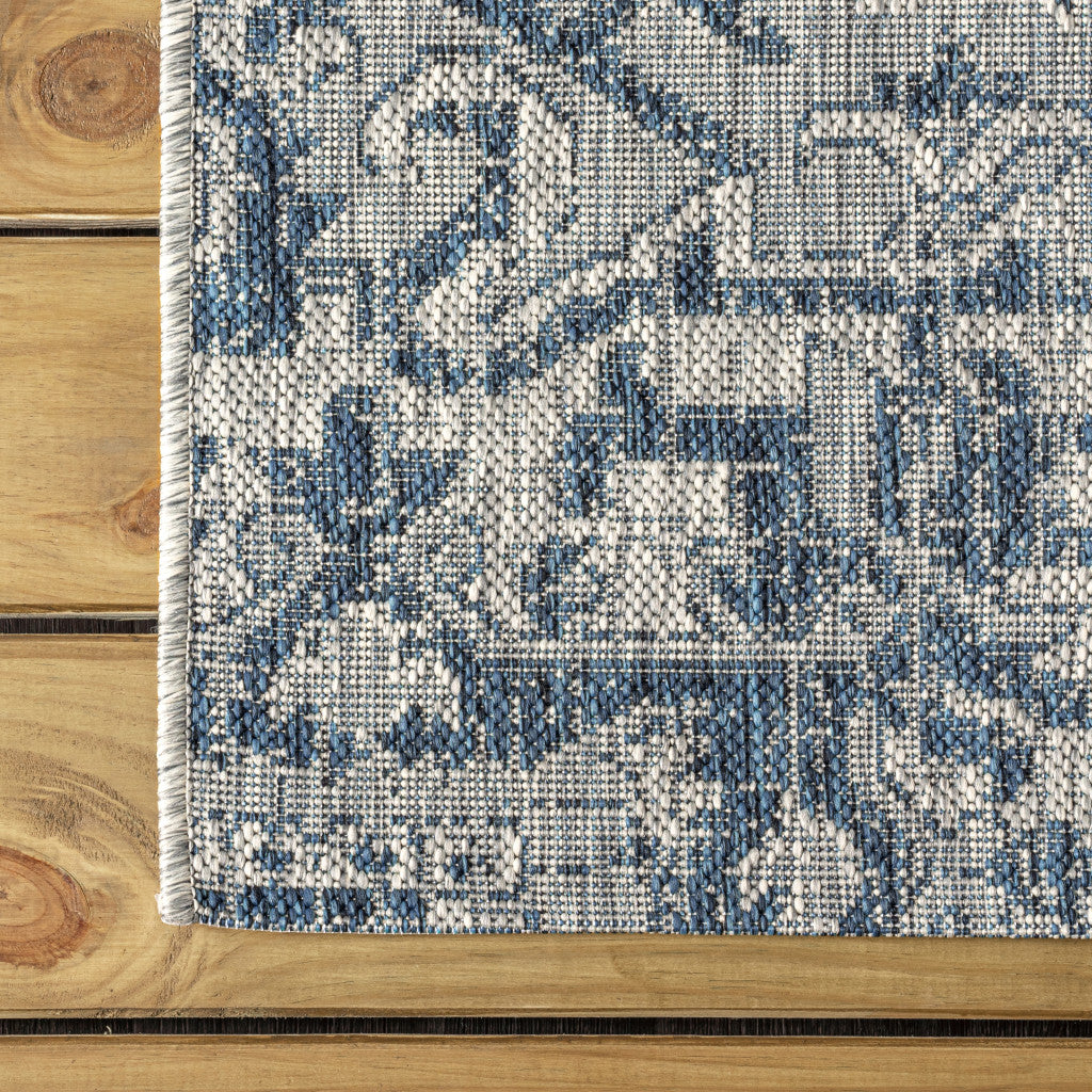 3' Navy Blue And Gray Square Medallion Indoor Outdoor Area Rug - GreatEagleInc