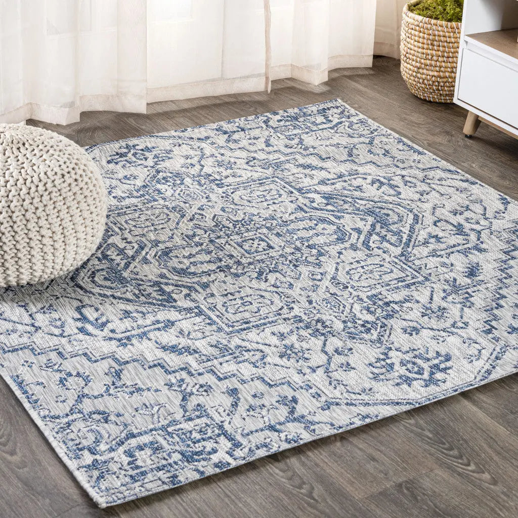 3' Navy Blue And Gray Square Medallion Indoor Outdoor Area Rug - GreatEagleInc