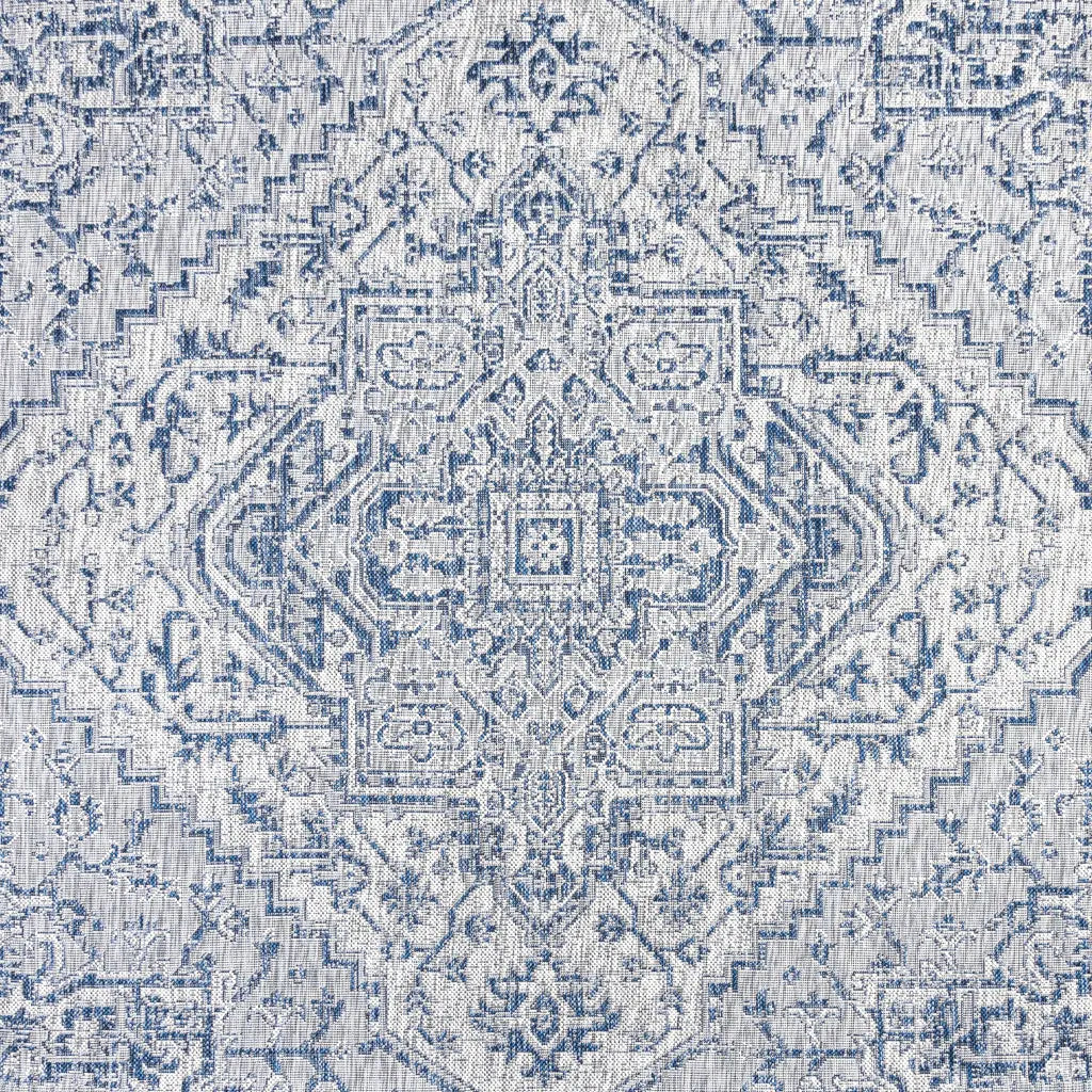 3' Navy Blue And Gray Square Medallion Indoor Outdoor Area Rug - GreatEagleInc