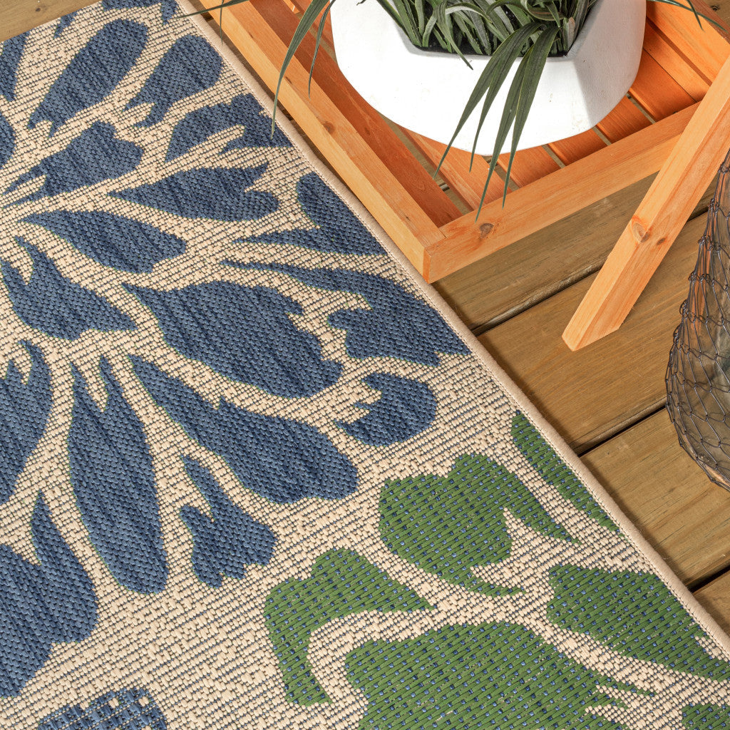 3' Navy Blue And Green Square Floral Indoor Outdoor Area Rug - GreatEagleInc