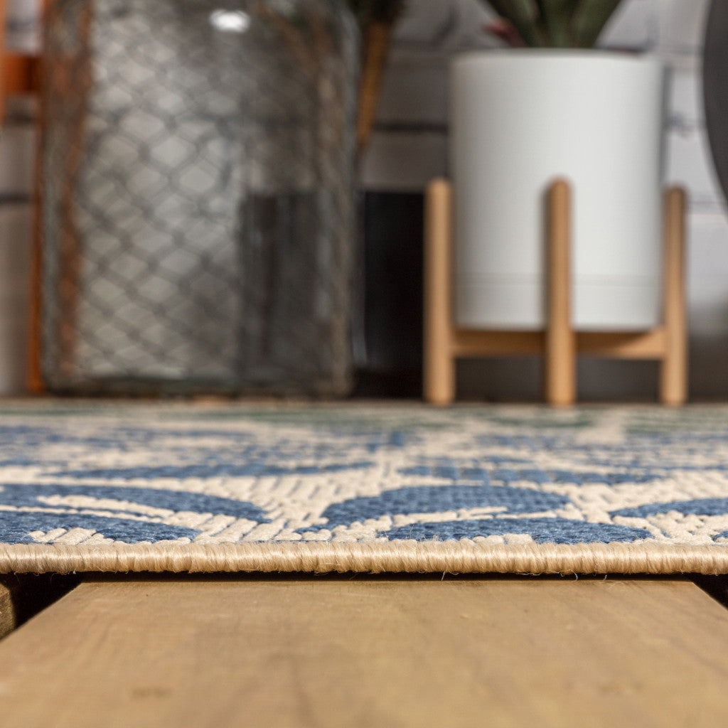 3' Navy Blue And Green Square Floral Indoor Outdoor Area Rug - GreatEagleInc