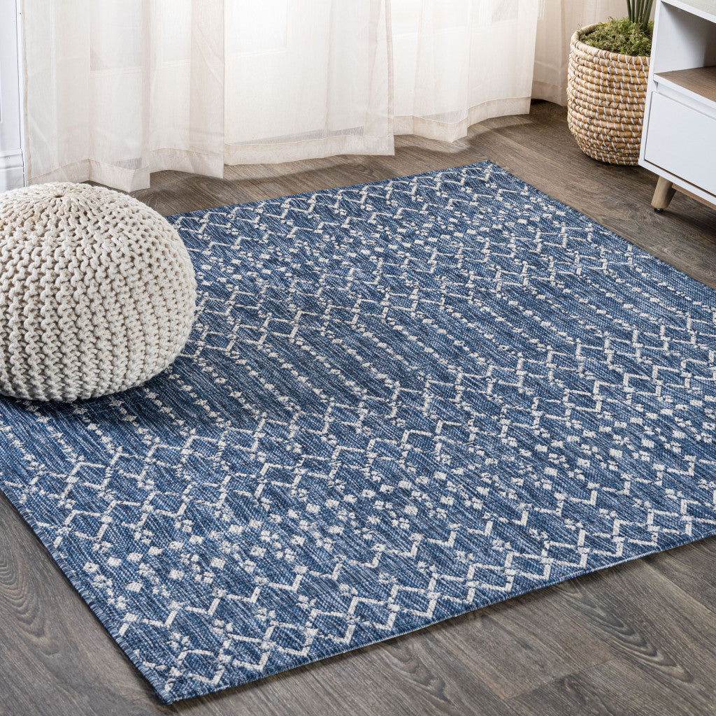 3' Navy Blue And Light Gray Square Trellis Indoor Outdoor Area Rug - GreatEagleInc