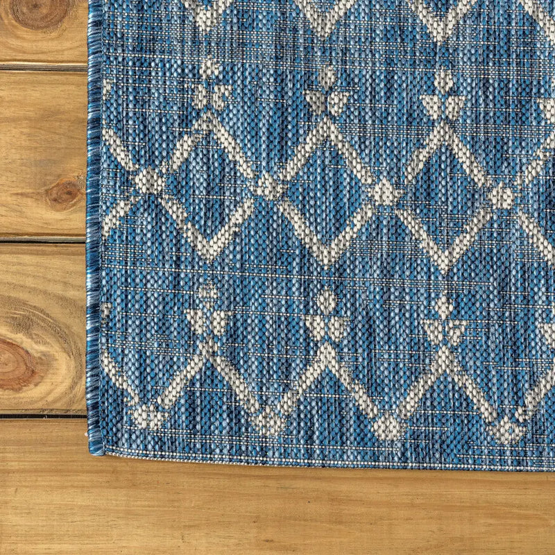 3' Navy Blue And Light Gray Square Trellis Indoor Outdoor Area Rug - GreatEagleInc