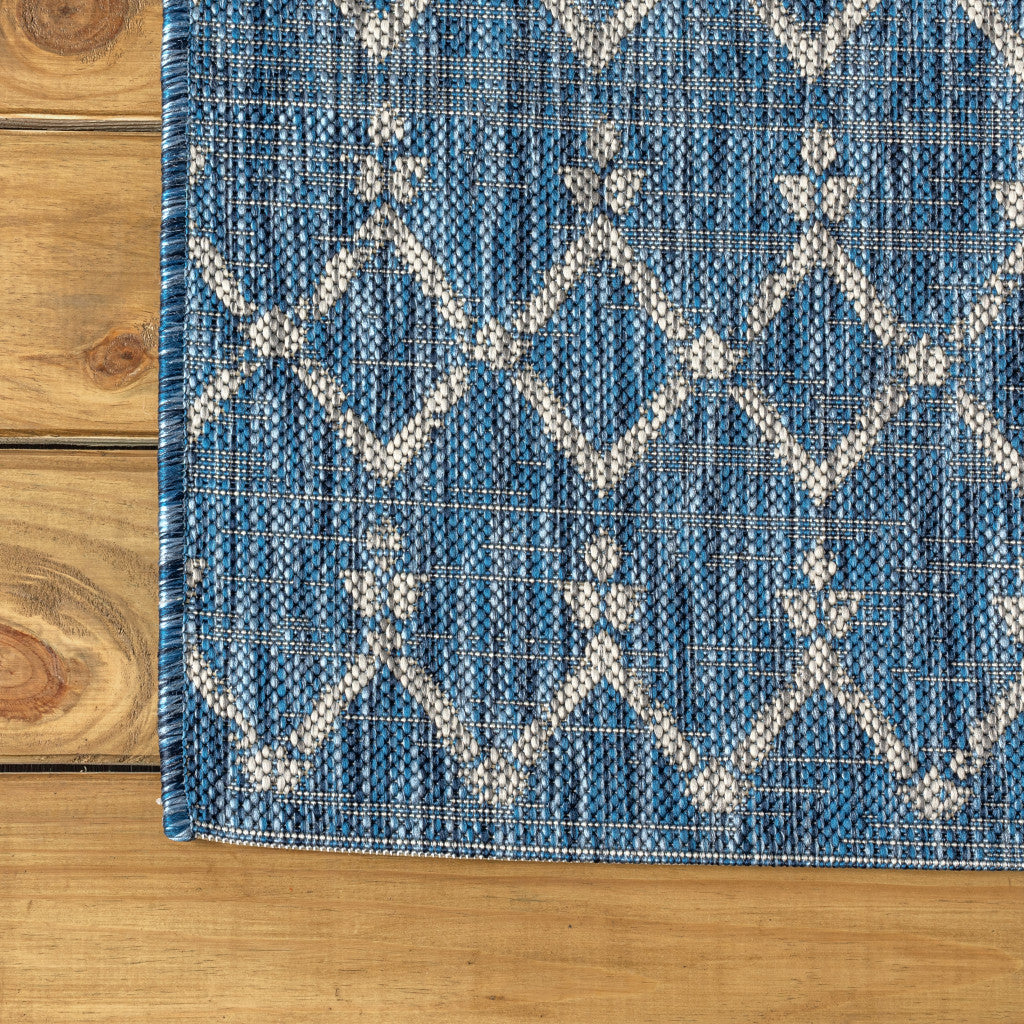 3' Navy Blue And Light Gray Square Trellis Indoor Outdoor Area Rug - GreatEagleInc