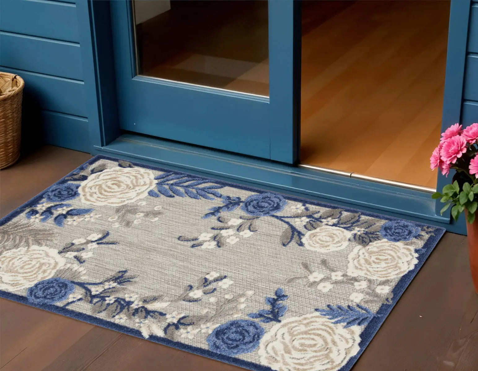 3' X 4' Blue and Gray Floral Indoor Outdoor Area Rug Homeroots Outdoor
