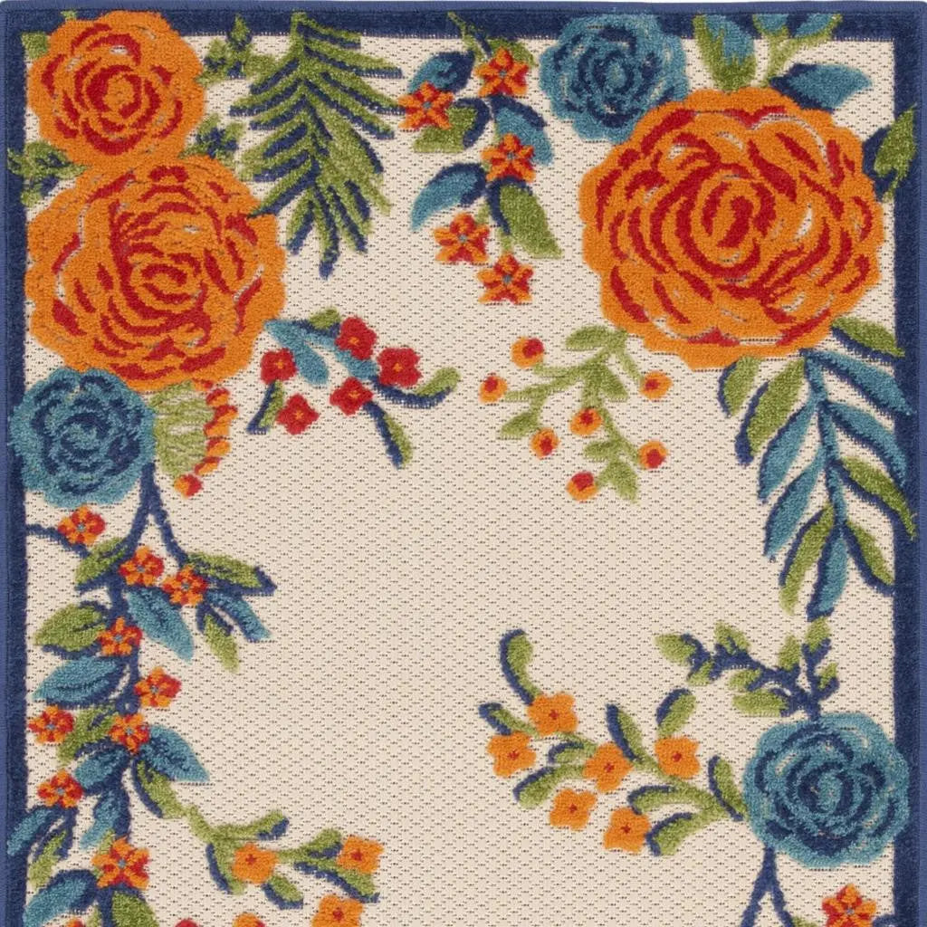 3' X 4' Ivory Orange and Blue Floral Indoor Outdoor Area Rug Homeroots Outdoor