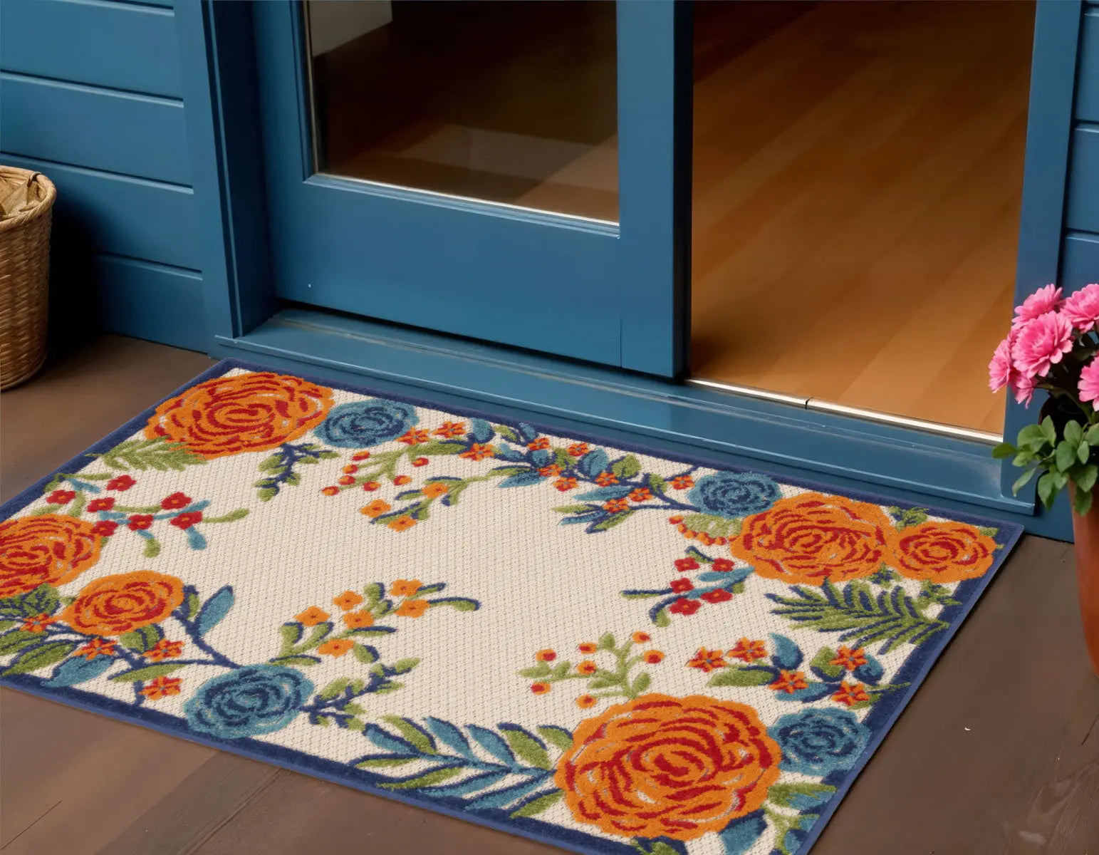 3' X 4' Ivory Orange and Blue Floral Indoor Outdoor Area Rug Homeroots Outdoor