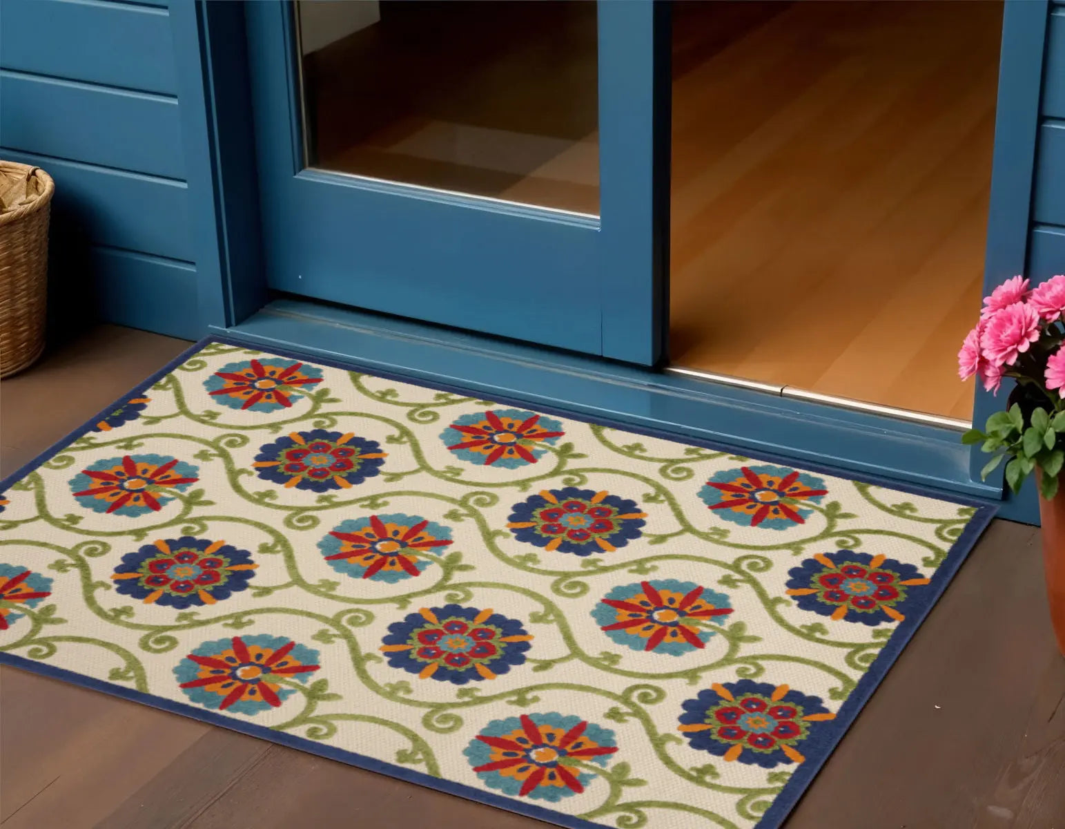 3' X 4' Navy Blue Beige Green Blue And Red Floral Indoor Outdoor Area Rug Homeroots Outdoor