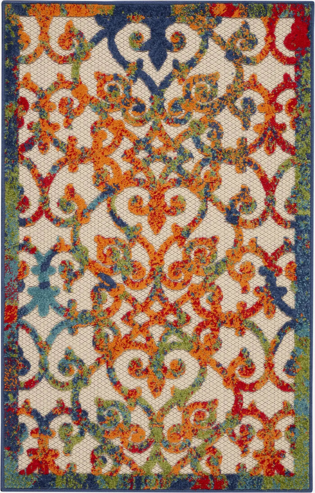 3' X 4' Navy Blue Beige Green Orange And Red Trellis Indoor Outdoor Area Rug Homeroots Outdoor