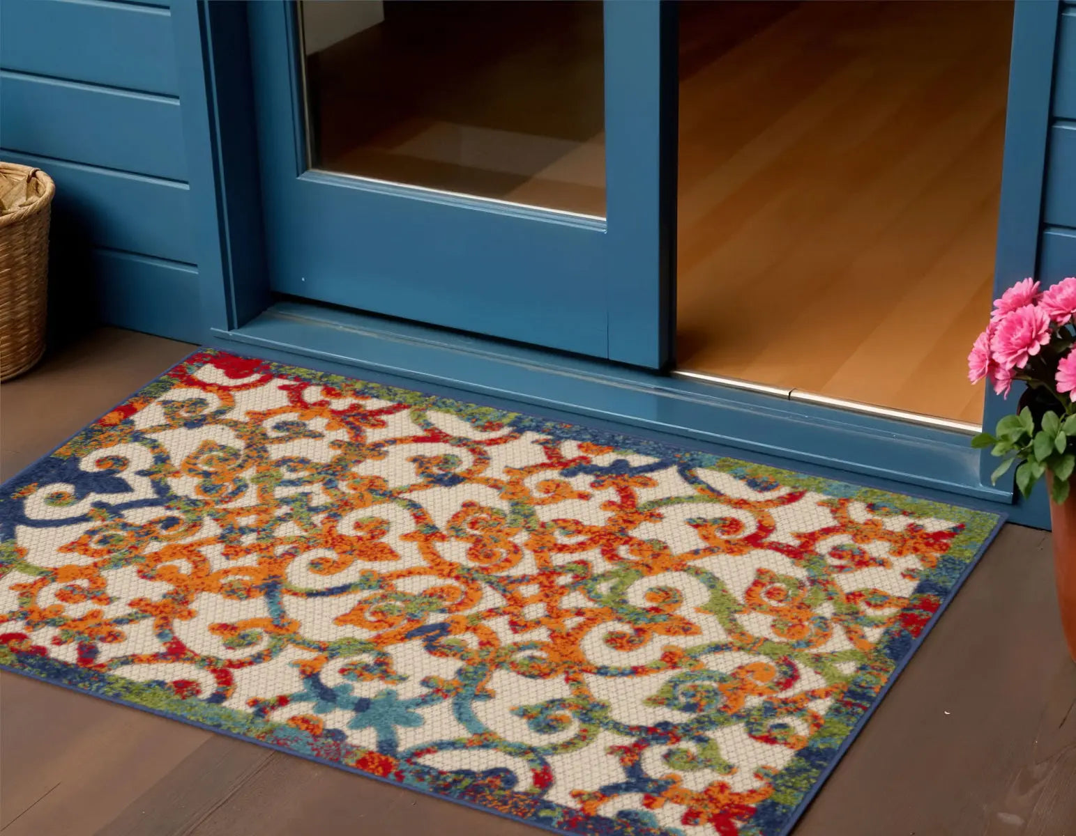3' X 4' Navy Blue Beige Green Orange And Red Trellis Indoor Outdoor Area Rug Homeroots Outdoor