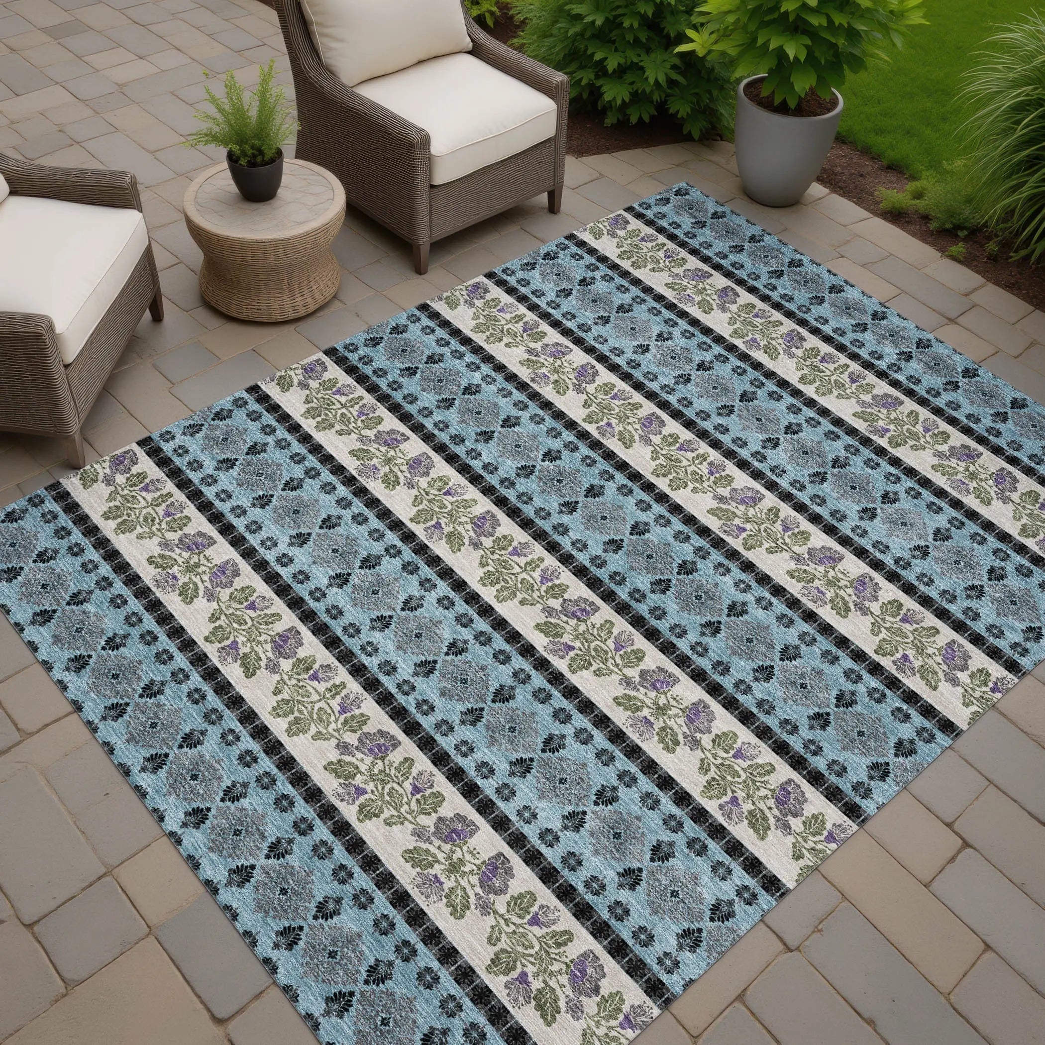 3' X 5' Aqua And Charcoal Striped Washable Indoor Outdoor Area Rug Homeroots Outdoor