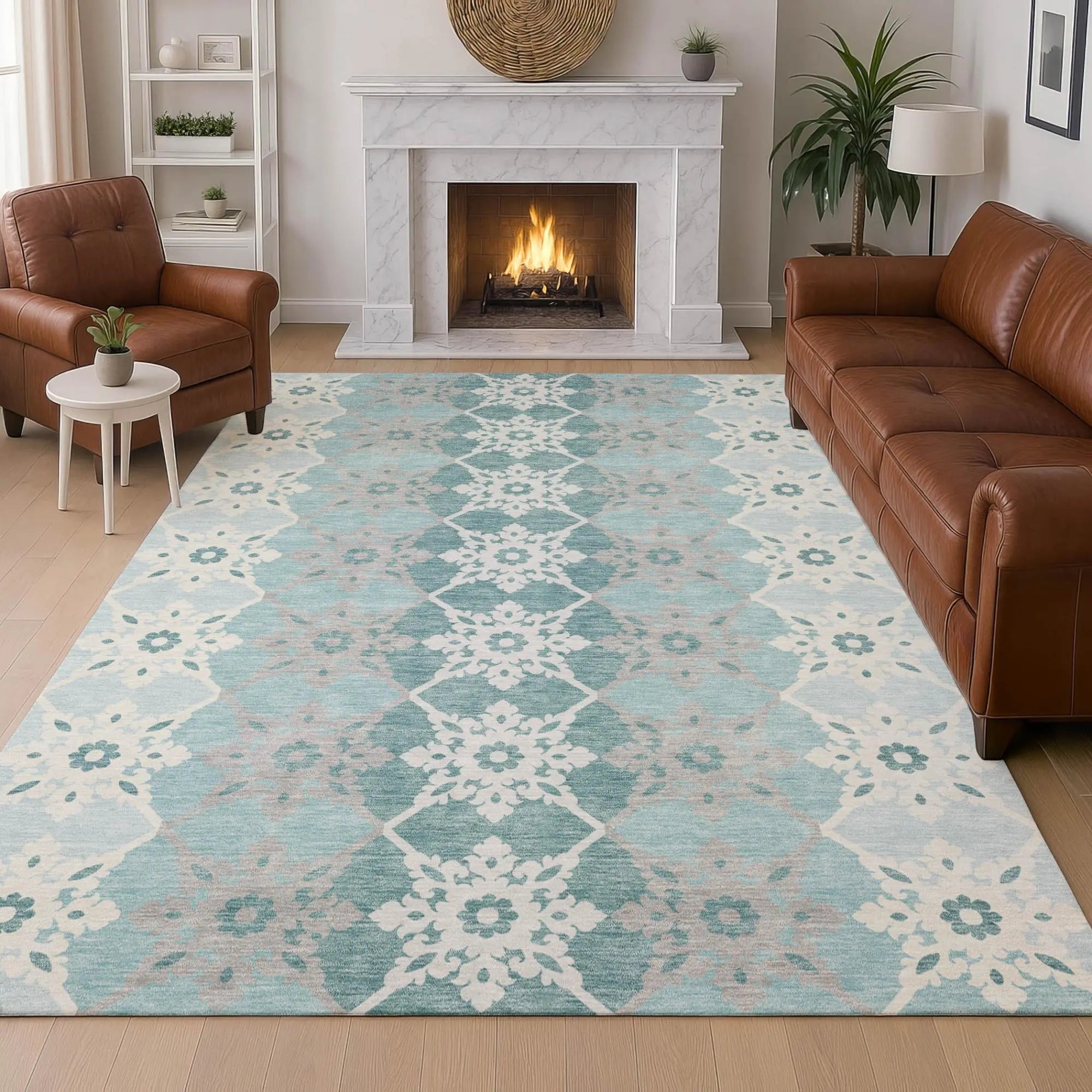 3' X 5' Aqua And Teal Blue Floral Medallion Washable Indoor Outdoor Area Rug Homeroots Outdoor