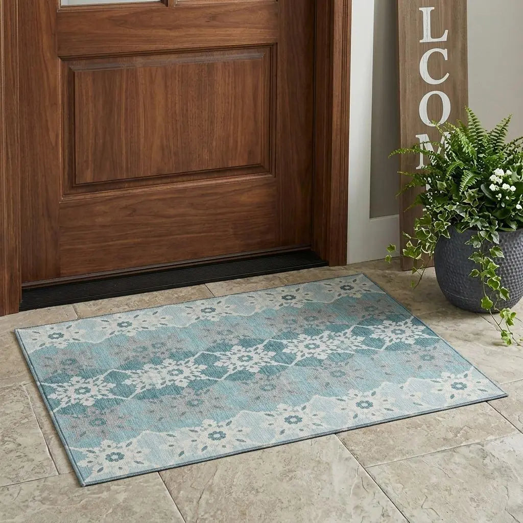 3' X 5' Aqua And Teal Blue Floral Medallion Washable Indoor Outdoor Area Rug Homeroots Outdoor