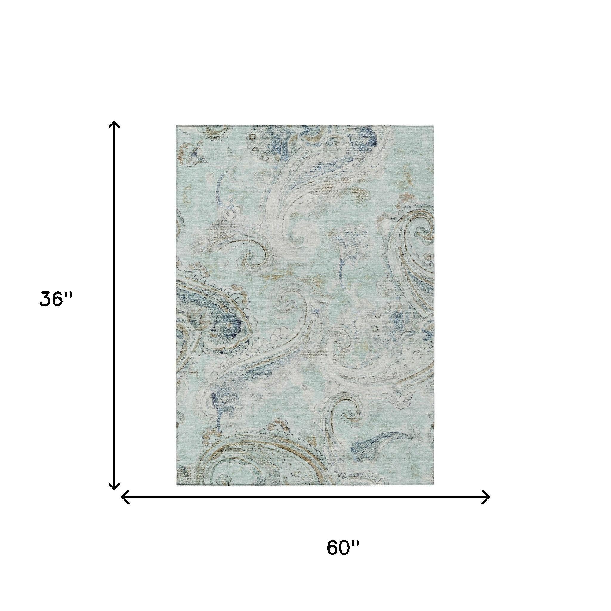 3' X 5' Aqua And Teal Blue Paisley Washable Indoor Outdoor Area Rug Homeroots Outdoor
