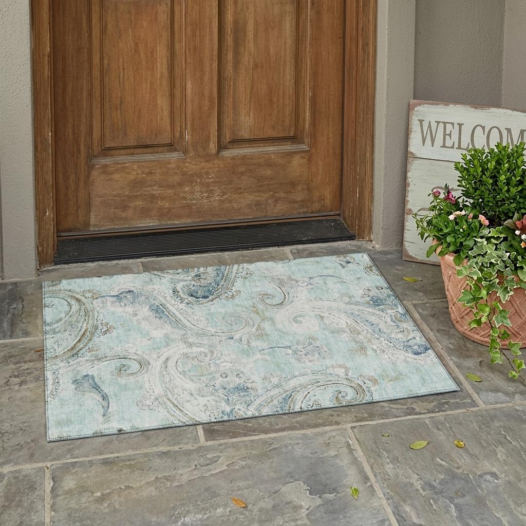 3' X 5' Aqua And Teal Blue Paisley Washable Indoor Outdoor Area Rug Homeroots Outdoor