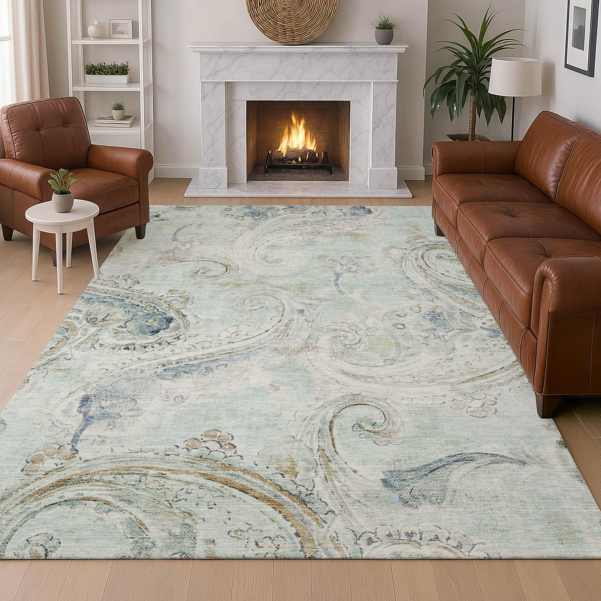 3' X 5' Aqua And Teal Blue Paisley Washable Indoor Outdoor Area Rug Homeroots Outdoor