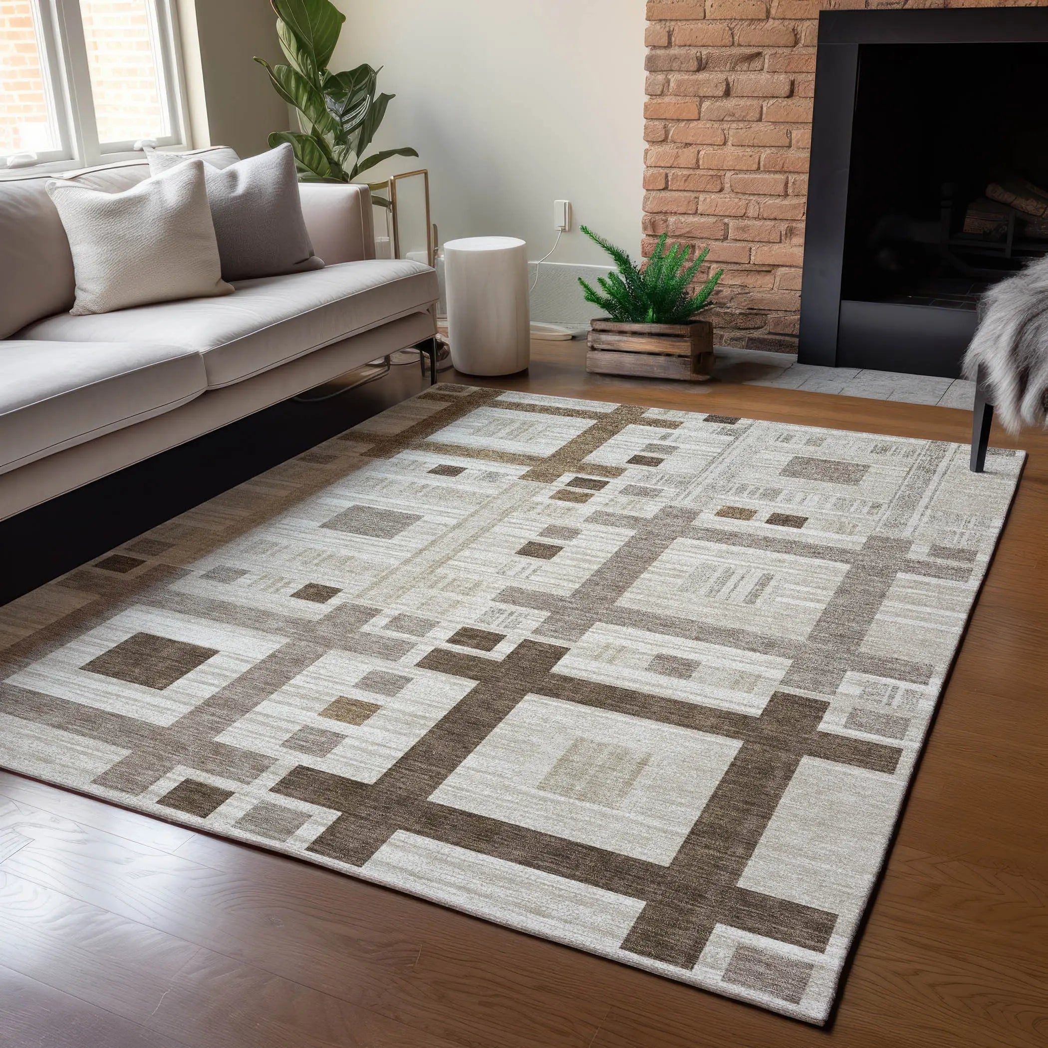 3' X 5' Beige And Brown Geometric Washable Indoor Outdoor Area Rug Homeroots Outdoor
