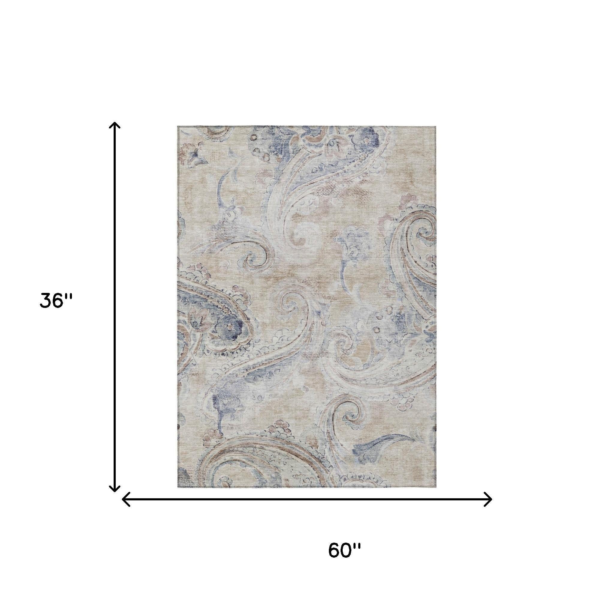 3' X 5' Beige And Brown Paisley Washable Indoor Outdoor Area Rug Homeroots Outdoor