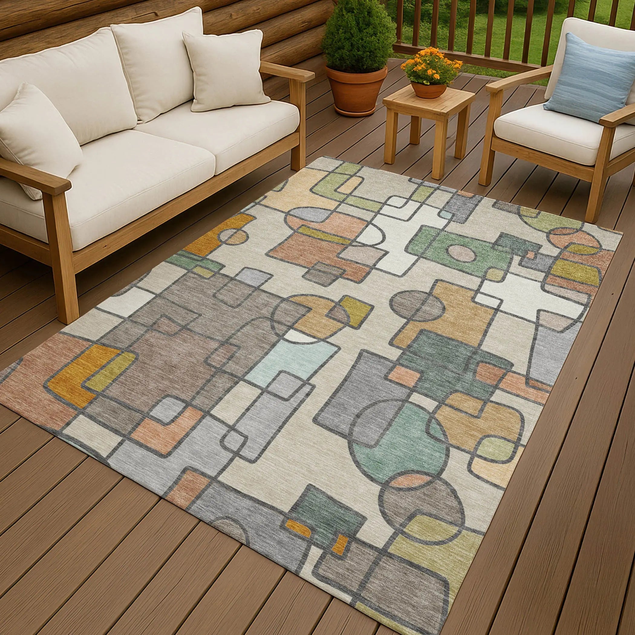 3' X 5' Beige And Copper Geometric Washable Indoor Outdoor Area Rug Homeroots Outdoor