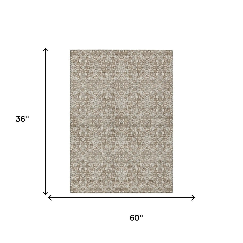 3' X 5' Beige And Khaki Oriental Washable Indoor Outdoor Area Rug Homeroots Outdoor