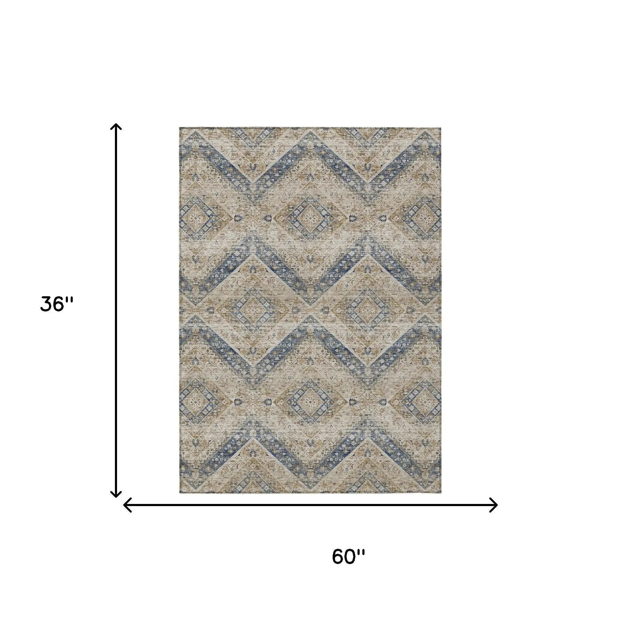 3' X 5' Beige And Teal Blue Tribal Washable Indoor Outdoor Area Rug Homeroots Outdoor