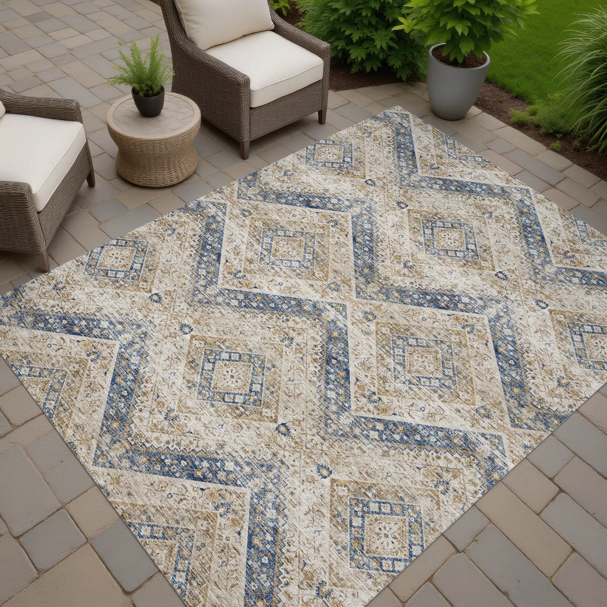 3' X 5' Beige And Teal Blue Tribal Washable Indoor Outdoor Area Rug Homeroots Outdoor