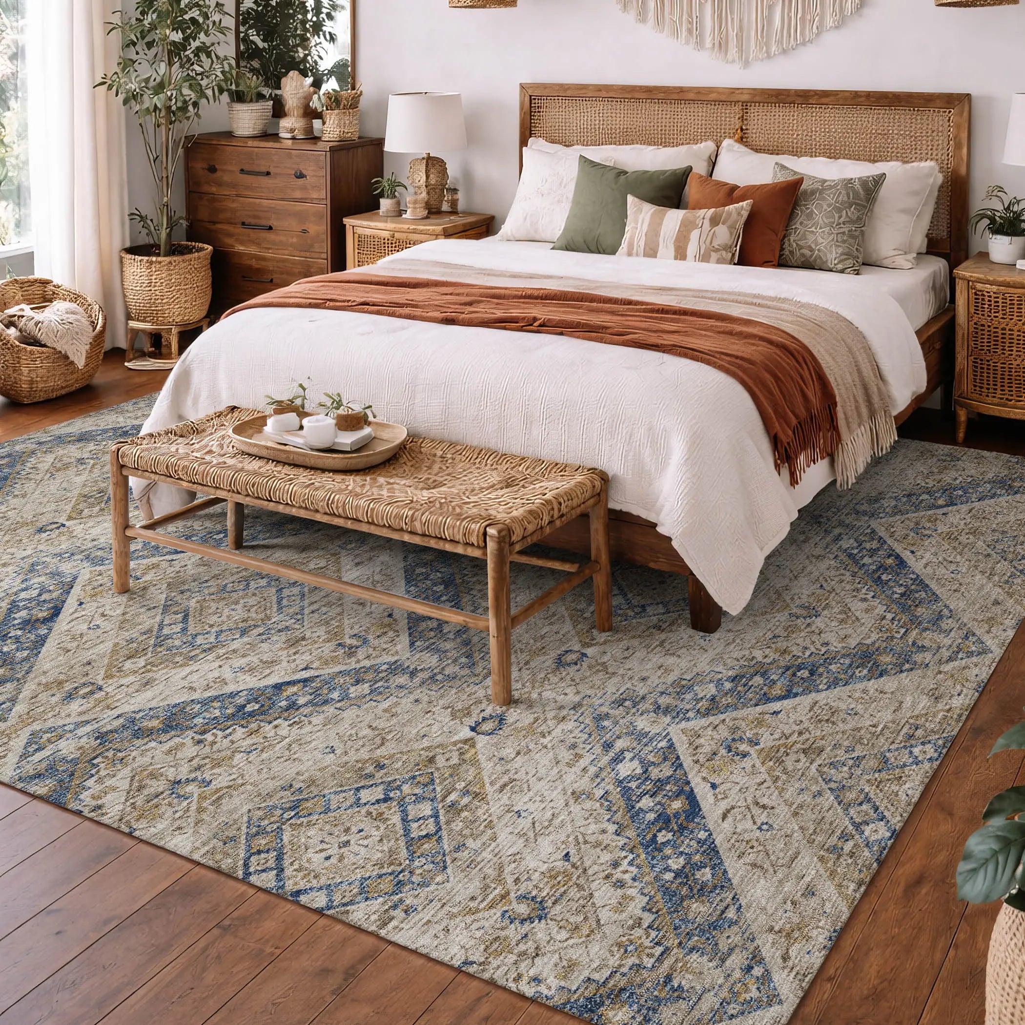 3' X 5' Beige And Teal Blue Tribal Washable Indoor Outdoor Area Rug Homeroots Outdoor