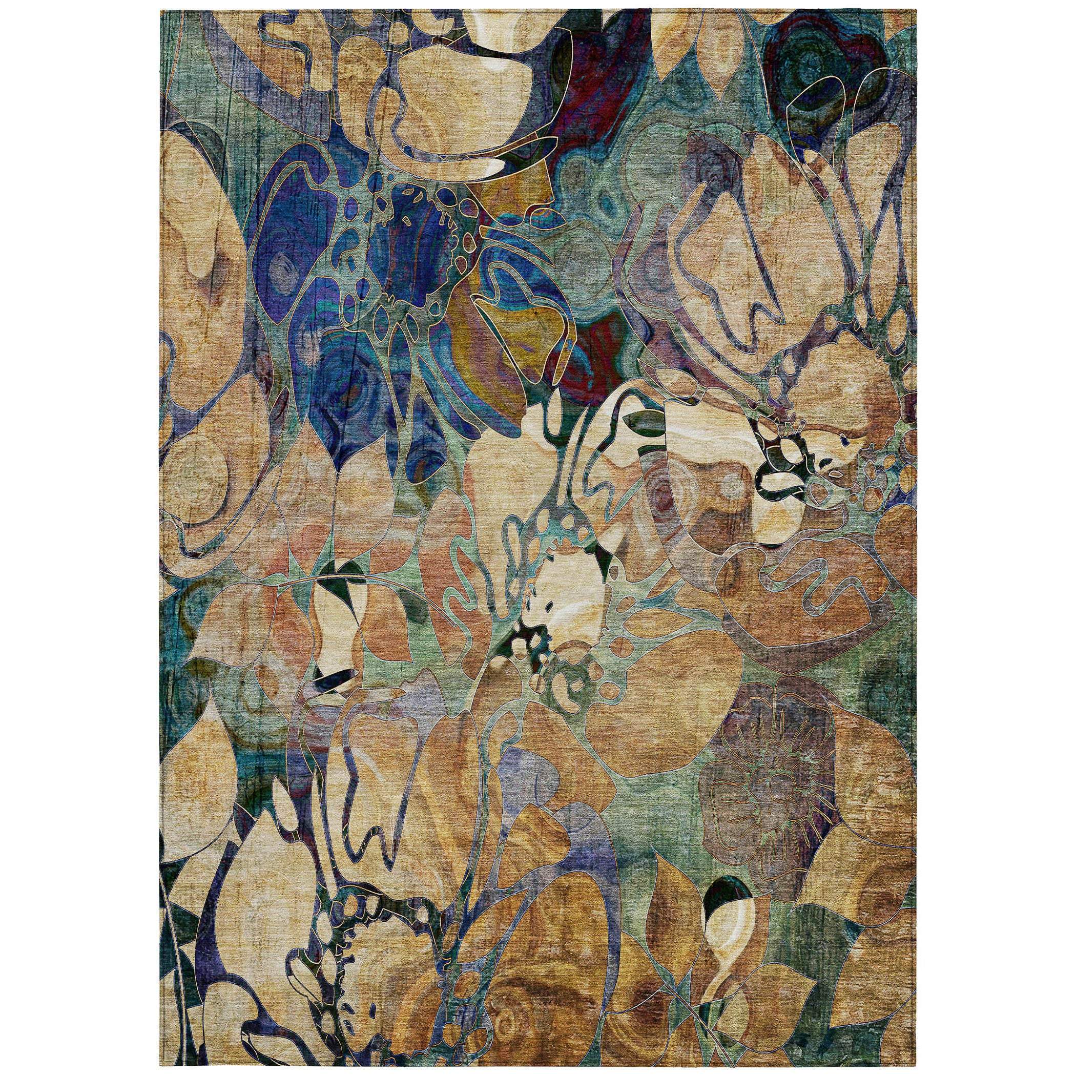 3' X 5' Beige and Blue Abstract Washable Indoor Outdoor Area Rug - GreatEagleInc