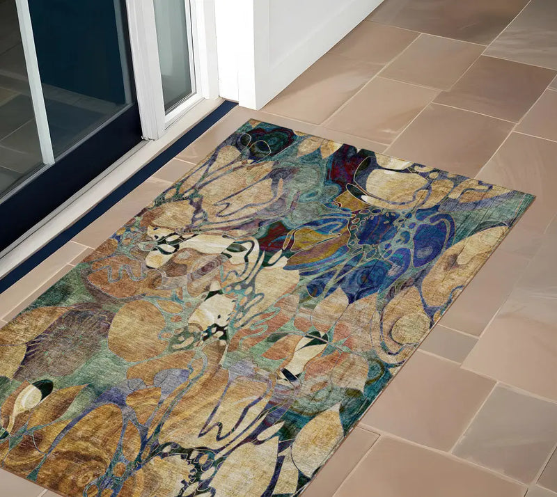 3' X 5' Beige and Blue Abstract Washable Indoor Outdoor Area Rug - GreatEagleInc