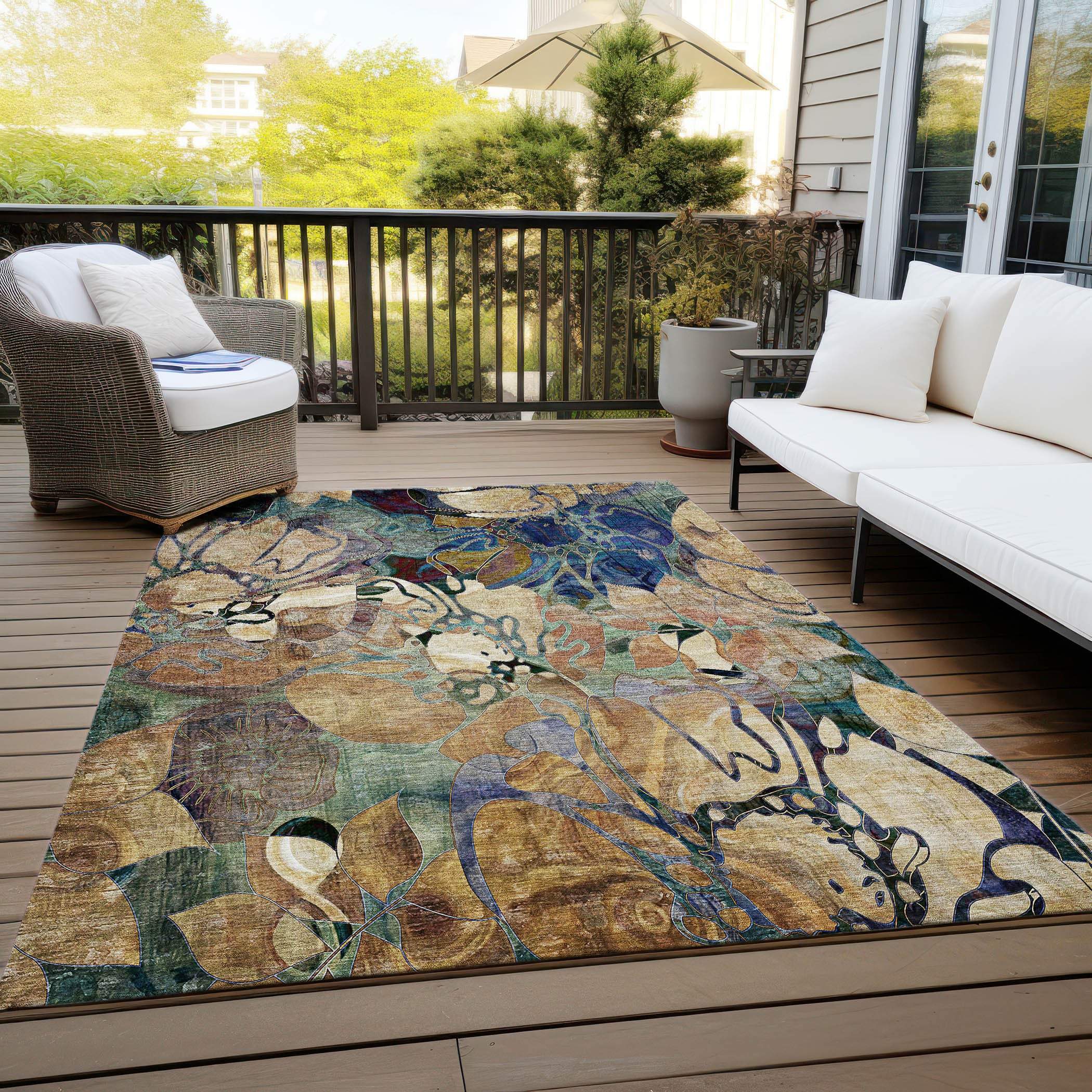 3' X 5' Beige and Blue Abstract Washable Indoor Outdoor Area Rug - GreatEagleInc
