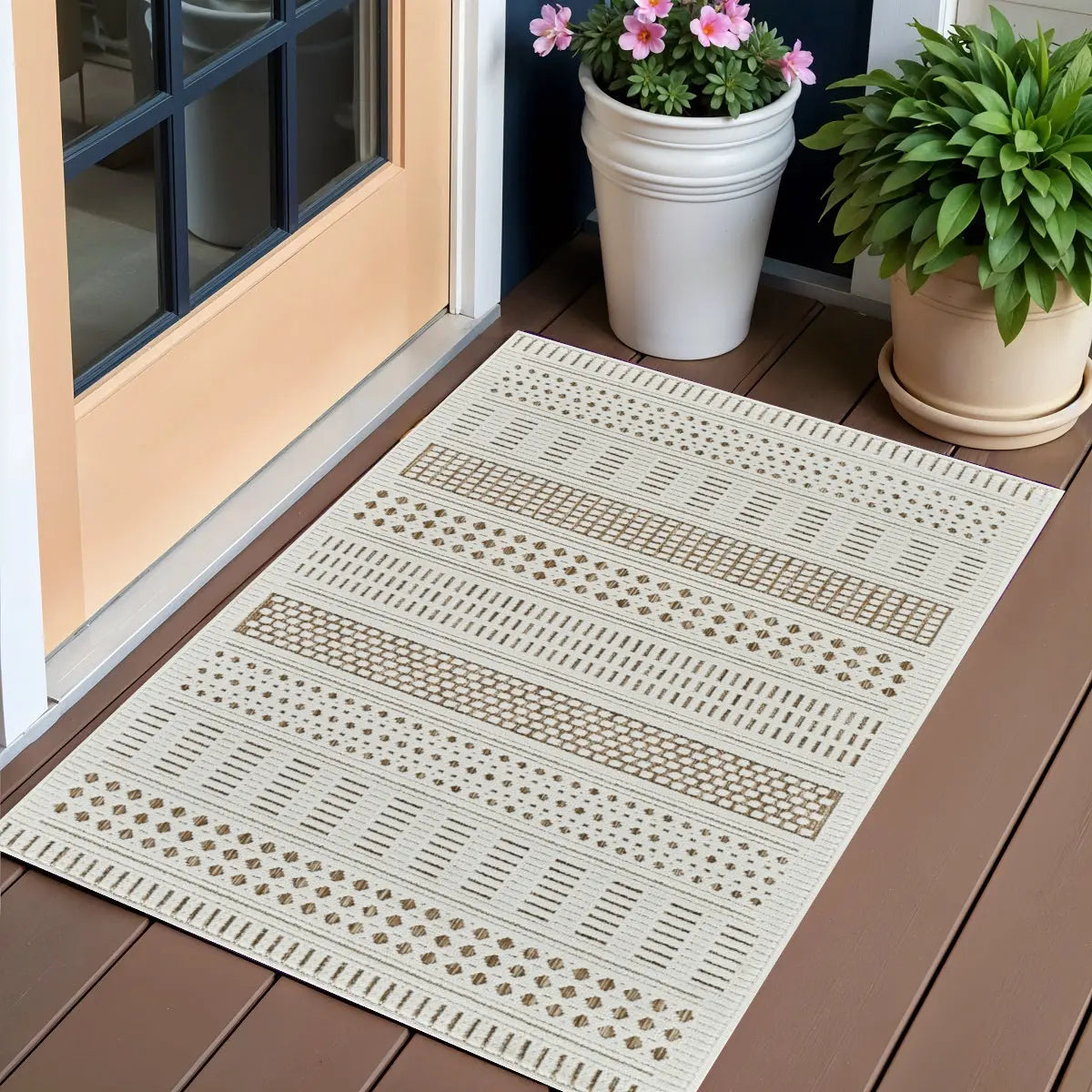 3' X 5' Beige and Brown Geometric Distressed Indoor Outdoor Area Rug Homeroots Outdoor