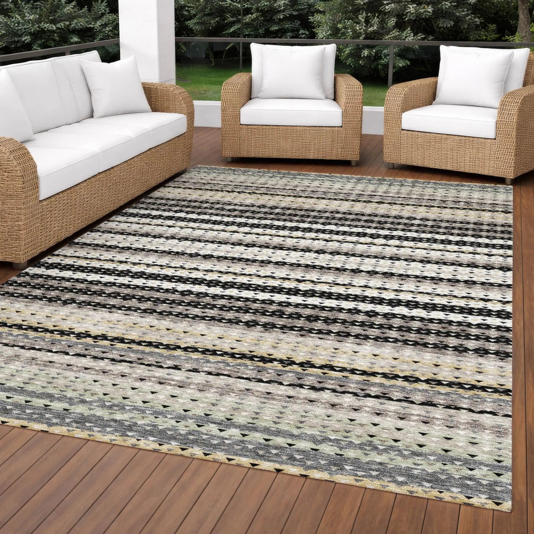 3' X 5' Black And Beige Striped Washable Indoor Outdoor Area Rug Homeroots Outdoor
