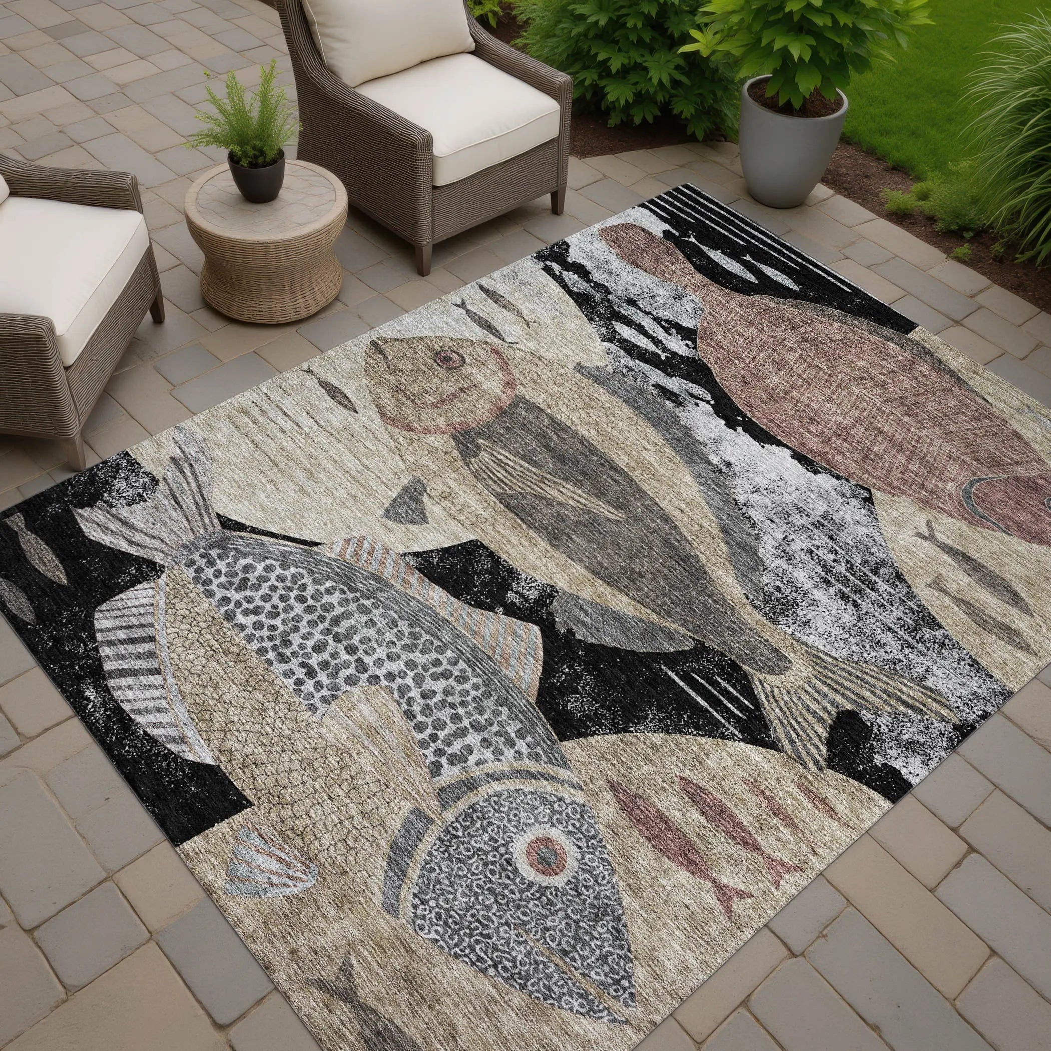 3' X 5' Black And Beige Tropical Fish Washable Indoor Outdoor Area Rug Homeroots Outdoor