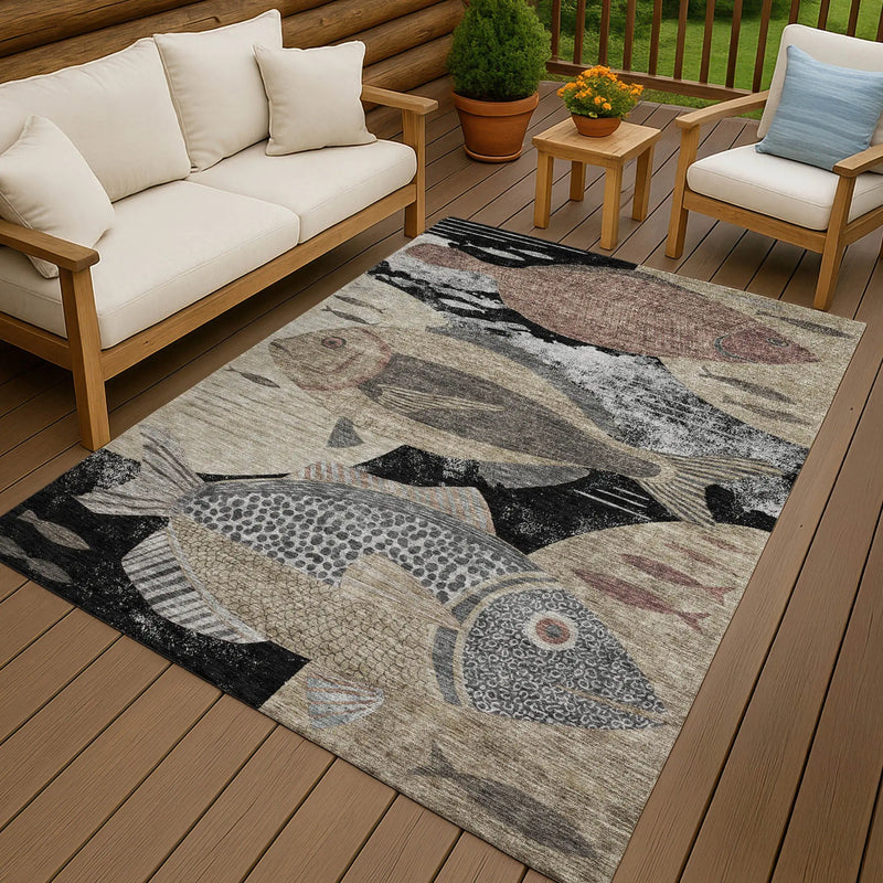 3' X 5' Black And Beige Tropical Fish Washable Indoor Outdoor Area Rug Homeroots Outdoor